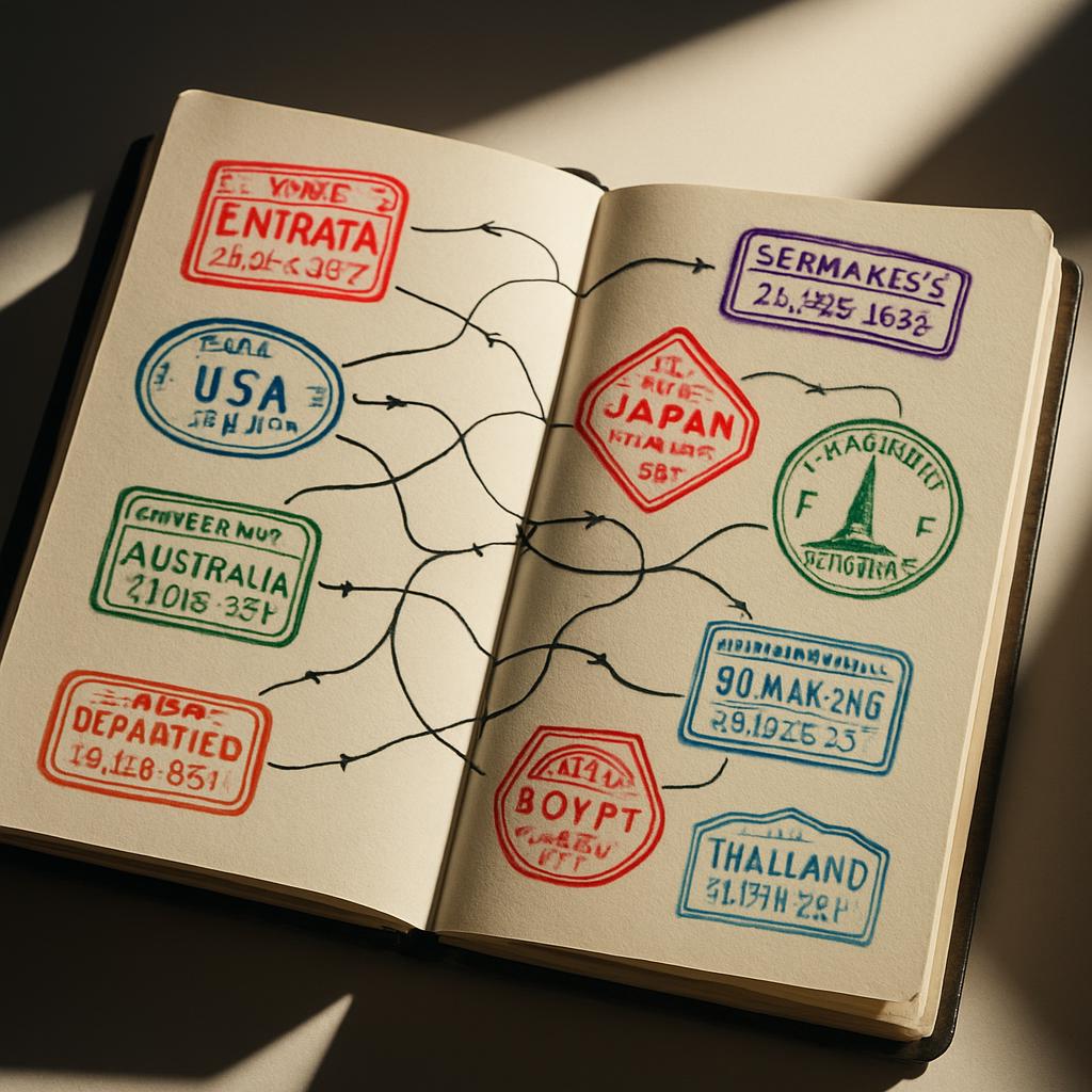 A photo of a passport with a stamp from every country visited; suspending US travel for a short period in 2017.